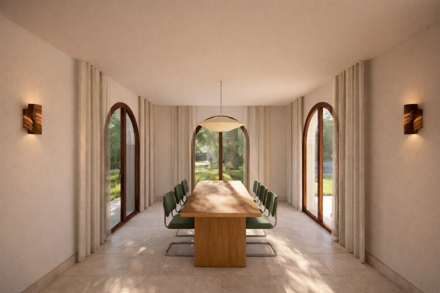 Une salle à manger lumineuse avec une grande table et des fenêtres donnant sur un jardin verdoyant.