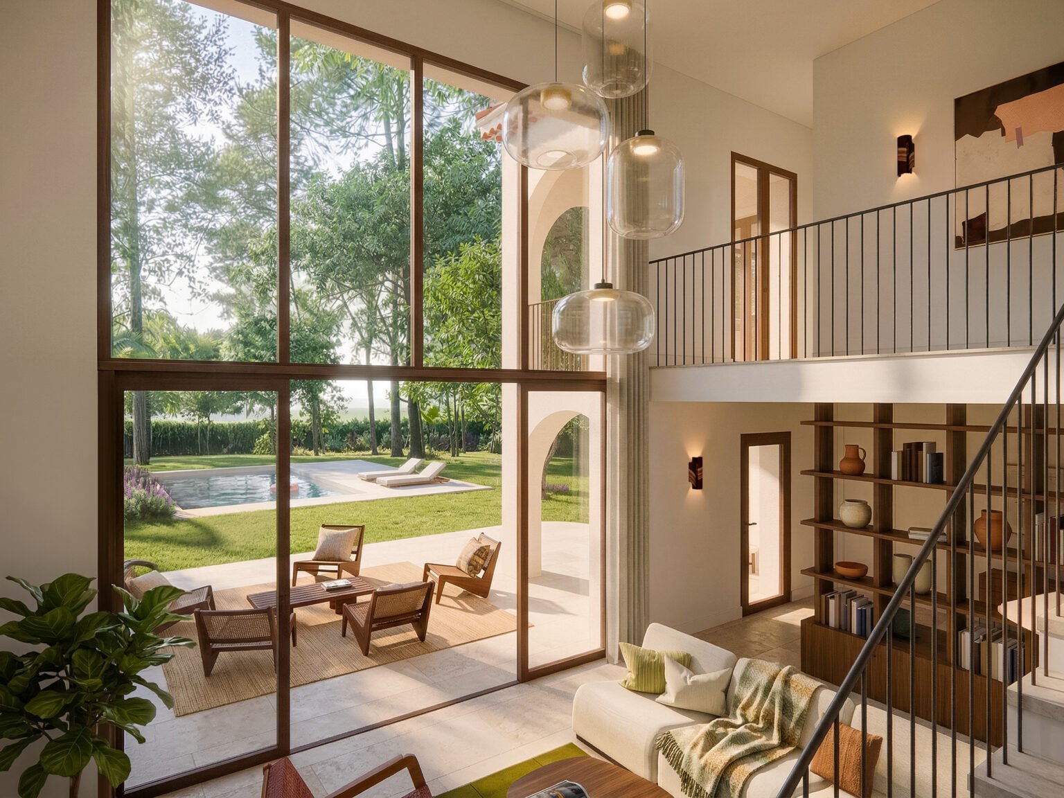 Intérieur moderne avec vue sur piscine et jardin luxuriant.