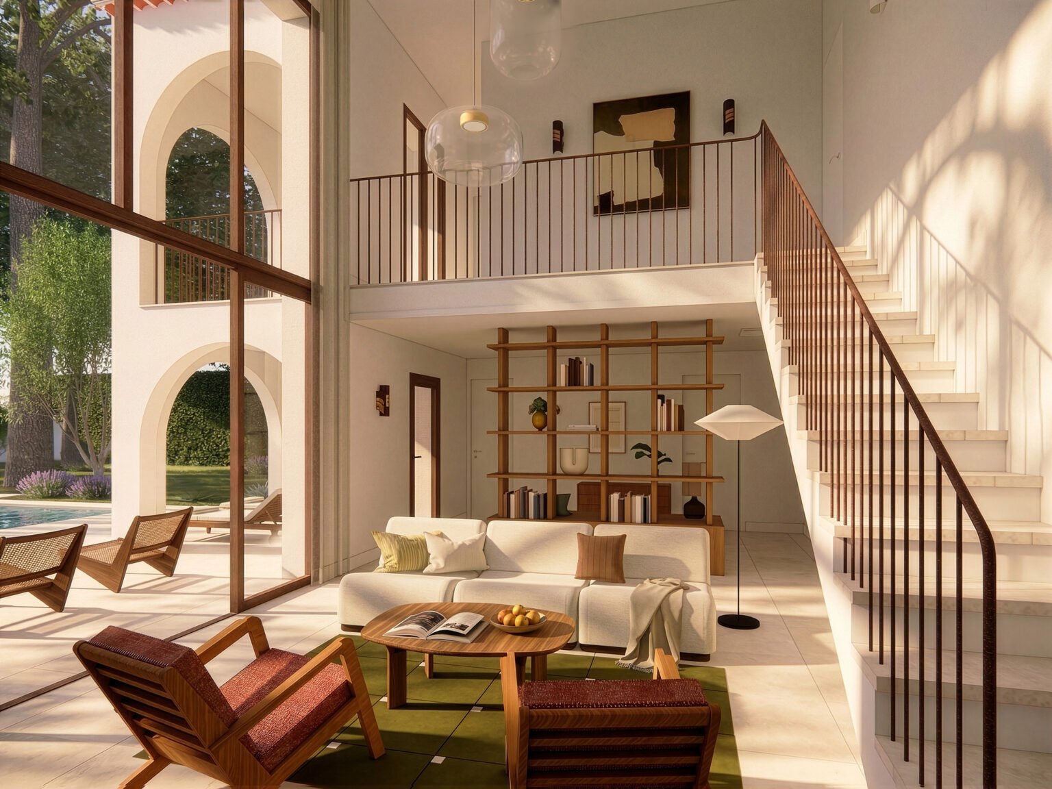 Un salon lumineux et spacieux avec une mezzanine, décoré avec goût.