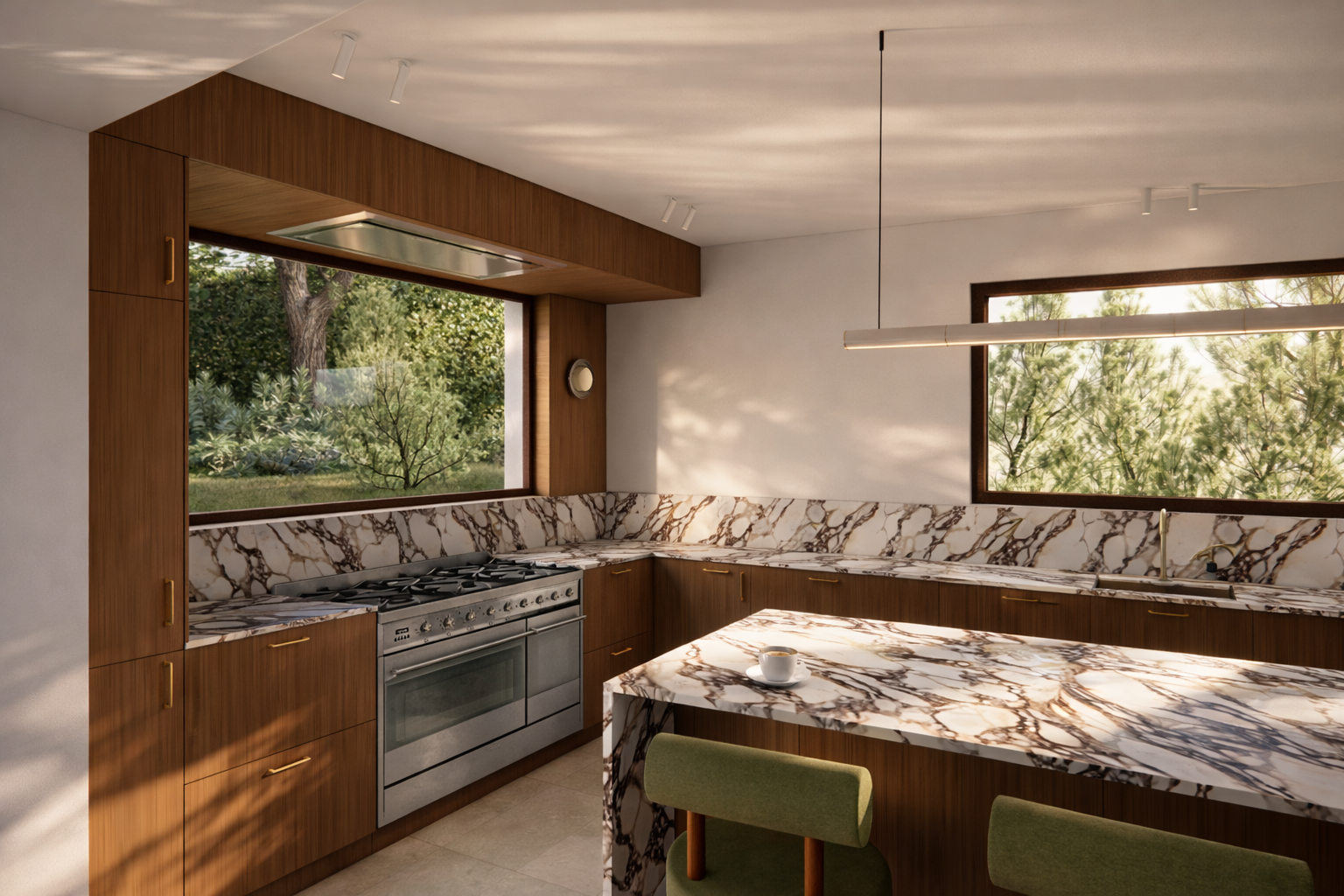 Cuisine moderne et chaleureuse avec des finitions en bois et un îlot central en marbre.