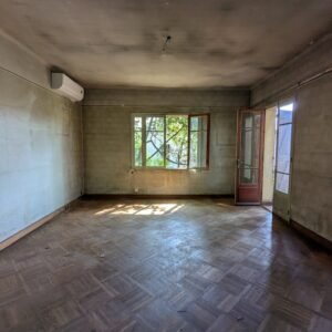 Pièce vide et sombre avec parquet ancien, lumière naturelle et vue sur la nature.
