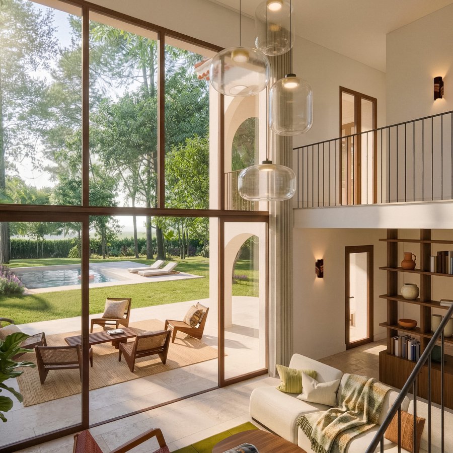 Intérieur moderne avec vue sur piscine et jardin luxuriant.